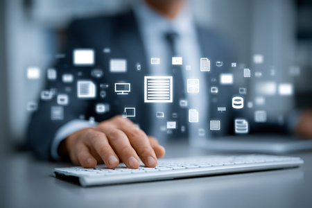 Businessman typing on a keyboard while managing digital documents and accessing virtual cloud...