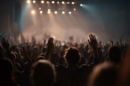 Fans raising their hands at a lively concert, reveling in the music and vibrant atmosphere, while...