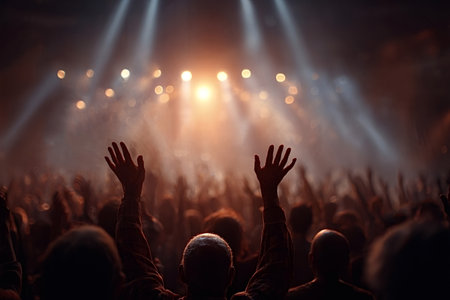 Fans are raising their hands at a live concert, enjoying the music and atmosphere with bright stage...