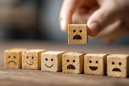 Hand placing a sad wooden block alongside others depicting various emotions, illustrating the...