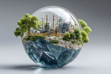Miniature industrial plant emitting smoke and pollution inside a glass sphere with trees, rocks and...