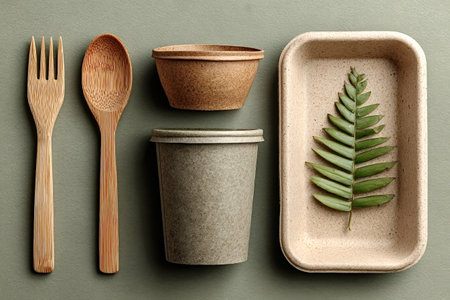 Bamboo cutlery, reusable cup, biodegradable bowl and food container with a fern leaf are displayed...