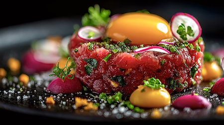 Exquisite steak tartare is garnished with a vibrant egg yolk, fresh herbs, and thinly sliced radish, creating a visually appealing and flavorful culinary experience on a dark, elegant plateの素材