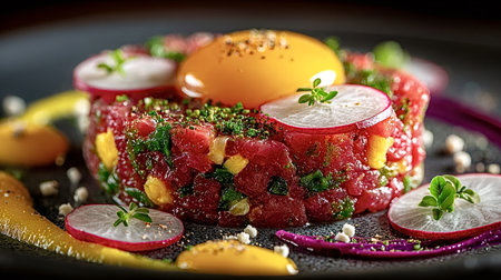 Exquisite beef tartare is garnished with a vibrant egg yolk, fresh radish slices, delicate herbs, and colorful sauces, creating a visually appealing and flavorful culinary experienceの素材