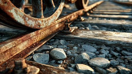 Rusty wheels resting on decaying railroad tracks, illuminated by the warm glow of sunset, evoke memories of a long forgotten era in industrial transport and historyの素材