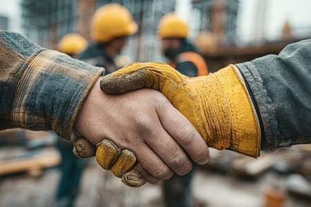 Two construction workers shaking hands on a building site, celebrating a successful agreement or partnership, with other workers in the backgroundの素材