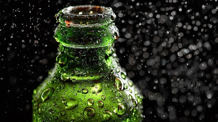 Close up of a green beer bottle neck covered with water droplets, creating a refreshing visual against a dark, bokeh filled background, suggesting a cold, thirst quenching beverageの素材