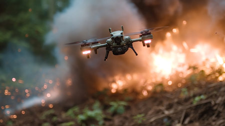 Military drone flying over a forest, capturing footage of a wildfire with blurred flames and swirling smoke during a critical firefighting mission in a dangerous environmentの素材