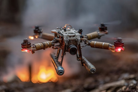 Firefighting drone equipped with specialized tanks and advanced technology hovering over a wildfire, actively suppressing flames and protecting the natural environmentの素材