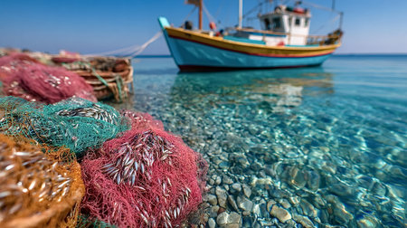 Colorful fishing nets brimming with freshly caught fish rest on a pebble beach beside a traditional Greek fishing boat anchored in crystal clear turquoise waters under a bright blue skyの素材