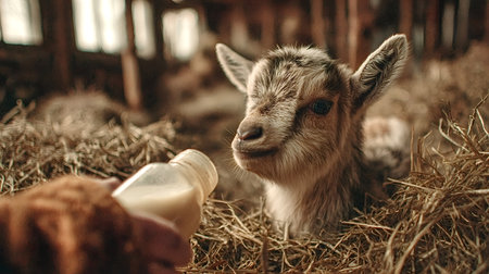Farmer feeding a baby goat with a bottle of milk in a cozy barn filled with hay, capturing the essence of farm life and the nurturing care of livestockの素材