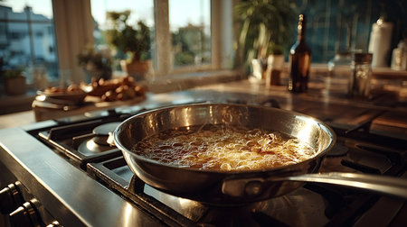 Hot boiling oil bubbling in a frying pan on a gas stove, creating a delicious dinner in a modern kitchen bathed in warm sunset light, enhancing the cozy atmosphere of home cookingの素材