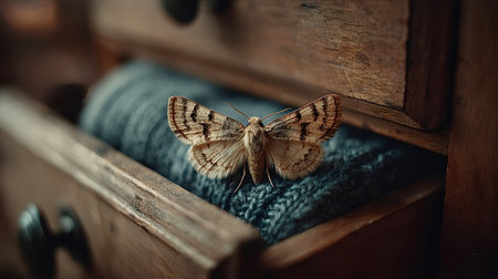 Beautiful moth with open wings resting on a soft, dark blue knitted sweater tucked away in an old wooden drawer, creating a serene and nostalgic atmosphereの素材