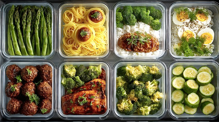 Eight glass containers filled with healthy foods like asparagus, pasta with meatballs, chicken and...