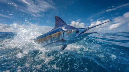 Blue marlin leaping from the ocean, creating splashes of water against a backdrop of blue sky and fluffy white clouds, capturing the essence of freedom and power in natureの写真素材