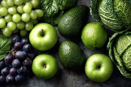 Vibrant arrangement of savoy cabbage, green apples, avocados, and grapes highlighting the importance of fresh, nutrient rich produce in a balanced diet for optimal healthの写真素材