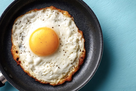 Close up of a perfectly cooked sunny side up fried egg, seasoned with black pepper, resting in a non...