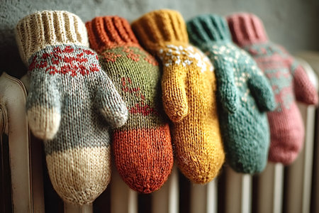 Five vibrant knitted mittens drying on a radiator, radiating warmth and comfort after enjoying a chilly day outdoors in the snow, embodying cozy winter fashion and handmade craftsmanshipの写真素材