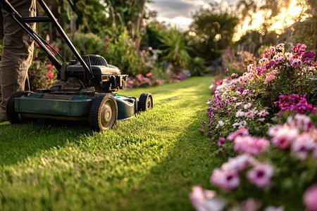 Gardener mowing the lawn in a picturesque garden during sunset, nurturing the vibrant grass and blooming flowers under the warm glow of golden hourの写真素材