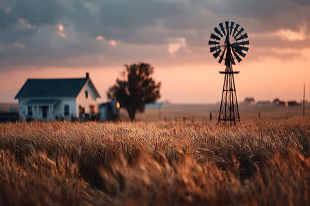 Golden wheat fields swaying gently in the wind, featuring a rotating windmill and a charming farmhouse set against a stunning sunset with dramatic clouds painting the skyの写真素材