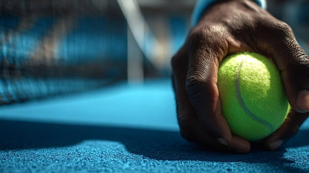 Close up of a tennis player's hand holding a bright yellow tennis ball on a vibrant blue court, preparing for the next serve in a competitive matchの素材