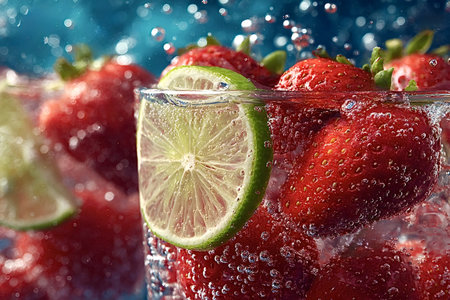 Sliced lime and fresh strawberries are submerged in a glass of sparkling water, creating a vibrant and refreshing summer beverage with bubbles rising to the surfaceの素材