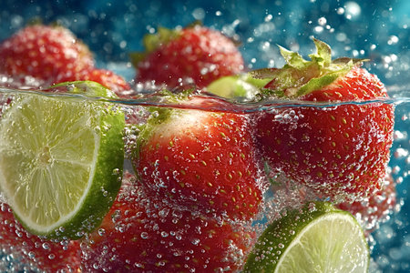 Slices of lime and fresh strawberries submerged in sparkling water create a visually refreshing and bubbly scene, evoking a sense of summer and healthy indulgenceの素材