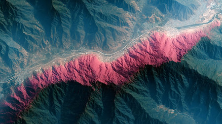 Infrared satellite image highlighting deforestation in progress, revealing a stark contrast between lush green vegetation and exposed, barren land in a mountainous regionの写真素材