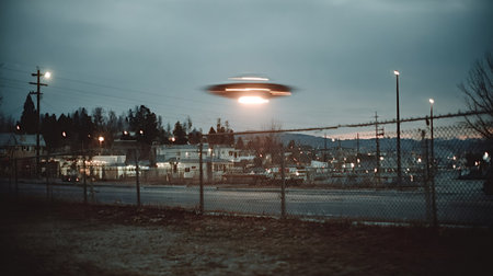Blurred ufo hovering over a suburban neighborhood at dusk, casting an eerie glow and creating a mysterious, otherworldly atmosphere filled with intrigue and wonderの素材