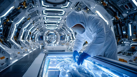 Scientist wearing protective suit analyzing samples inside illuminated display in futuristic laboratory setting on a spaceship, conducting research in spaceの素材