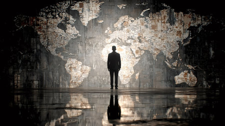 Businessman standing in dark room looking at world map made of newspaper clippings reflecting on wet floor, representing global news and international affairsの素材