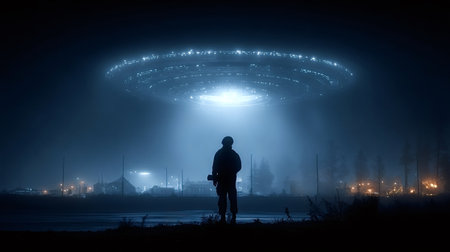 Soldier stands with a weapon, observing a large, glowing ufo hovering in the night sky above a city, creating a dramatic and mysterious sceneの素材