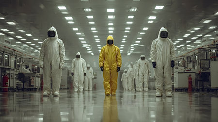 Group of scientists wearing white hazmat suits standing in industrial laboratory corridor, one scientist in yellow suit leading the group, concept of virus research and pandemicの素材