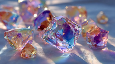 Multifaceted crystals in various iridescent hues shimmer and refract light as they rest on a delicate white cloth, creating a dazzling display of color and brillianceの素材