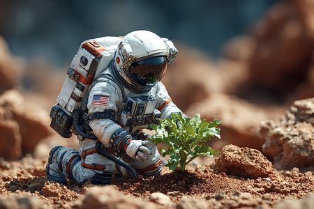 American astronaut carefully cultivates a small, vibrant green plant on the barren, rocky surface of mars, symbolizing the potential for life and human colonization beyond earthの素材