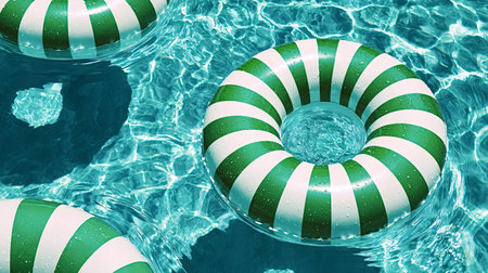 Bright green and white inflatable rings are floating on the surface of a turquoise swimming pool, creating a vibrant and inviting summer sceneの素材