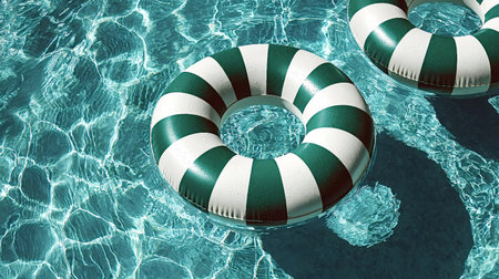 Two inflatable rings with green and white stripes are floating on the surface of a swimming pool with clear blue water, creating a relaxing summer atmosphereの素材