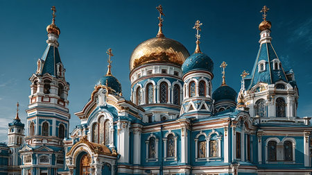 The intricate details of a beautifully adorned orthodox cathedral stand out against a vibrant blue sky, showcasing its golden domes and ornate architectureの素材