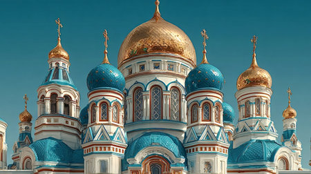 Assumption cathedral displays its intricate architecture and vibrant colors against a clear blue sky, highlighting the beauty and grandeur of Russian orthodox traditionの素材