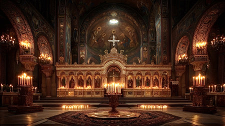 Many burning candles illuminate the richly decorated interior of an eastern orthodox church, creating a warm and spiritual atmosphere during a religious service or ceremonyの素材
