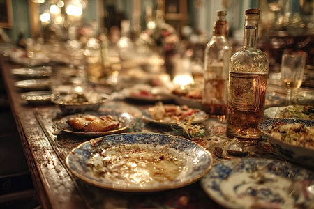 Leftover food sits on dirty plates and empty bottles stand on a messy table after a party in a luxurious interior, suggesting opulence and excessの素材
