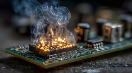 Smoke and sparks rising from burning microchip on green circuit board, illustrating concepts of hardware failure, overheating, and technological malfunctionの素材