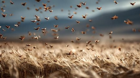 Huge swarm of locusts flying over a wheat field, causing devastating damage to crops and agriculture, creating food shortages and economic lossesの素材