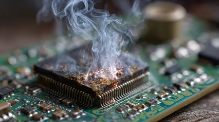 Smoke and sparks rising from a burning microchip on a circuit board, highlighting the concepts of hardware failure, short circuit, and technological malfunctionの素材