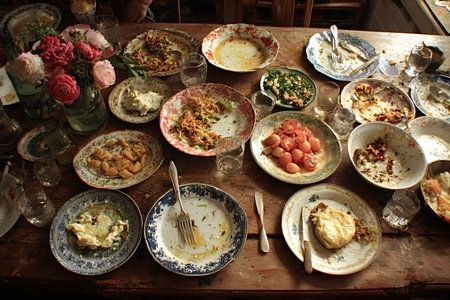 Colorful mismatched plates and bowls with leftover food scraps and cutlery resting on a rustic wooden table, accented by a vase of pink flowersの素材