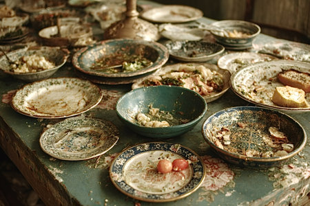 Leftover food sits on dirty plates and bowls covering a messy table after a large meal, suggesting a lack of cleanliness or a large gatheringの素材