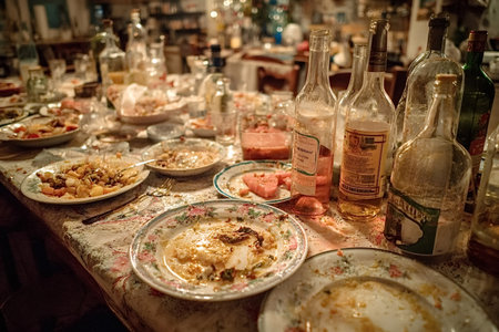Cluttered table filled with empty bottles and dirty plates, showing remnants of food leftovers after a lively party, illustrating the chaotic aftermath of a festive gatheringの素材