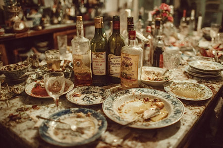 Dirty dishes and empty alcohol bottles cluttering a messy table after a lively party, highlighting the remnants of indulgent celebrations and the chaos of a festive gatheringの素材