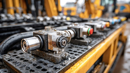 Close up view of hydraulic control valves regulating fluid flow in heavy machinery, showing the intricate components and connections essential for precise operationの素材