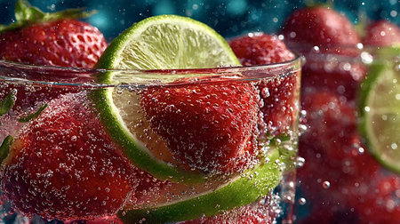 Fresh lime and strawberry slices floating in sparkling water create a vibrant, refreshing drink bursting with sweet, juicy flavor and bubbles, perfect for summerの素材